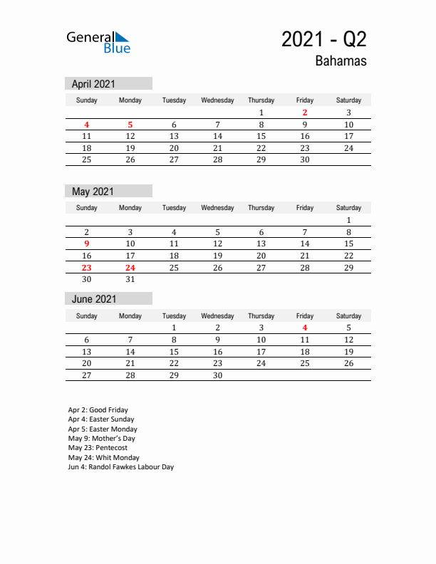 Bahamas Quarter 2 2021 Calendar with Holidays