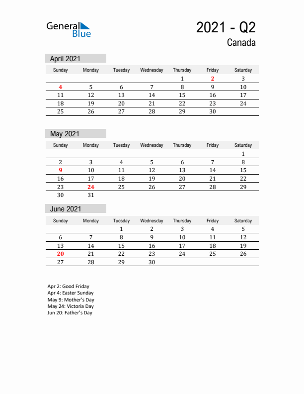 Canada Quarter 2 2021 Calendar with Holidays