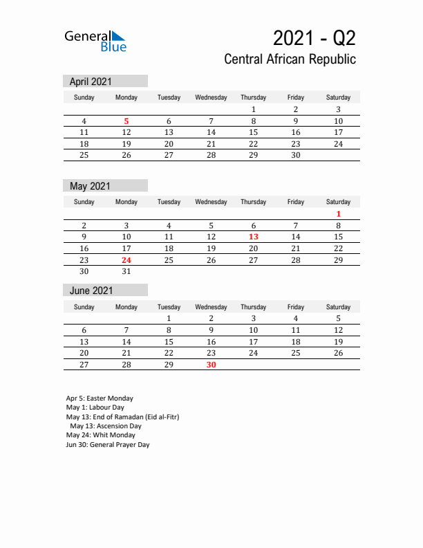 Central African Republic Quarter 2 2021 Calendar with Holidays