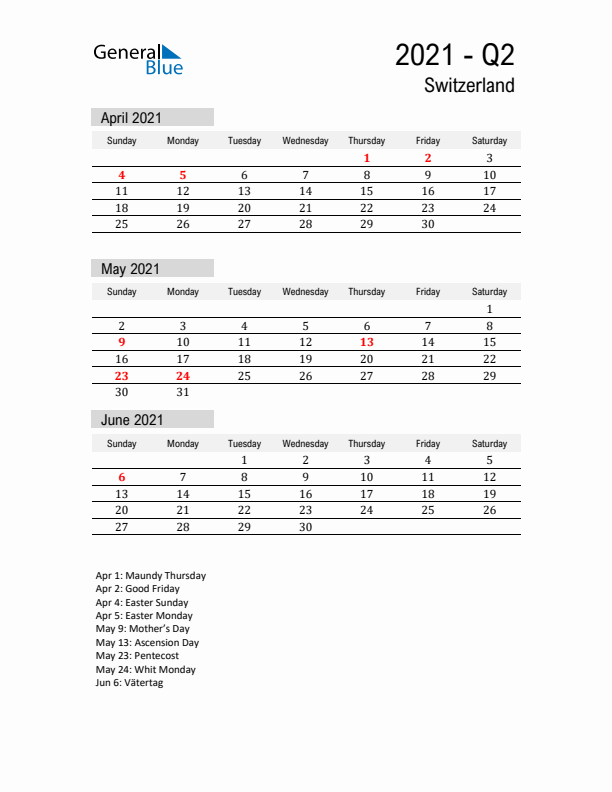 Switzerland Quarter 2 2021 Calendar with Holidays