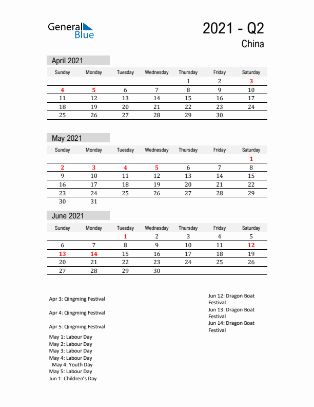 China Quarter 2 2021 Calendar with Holidays