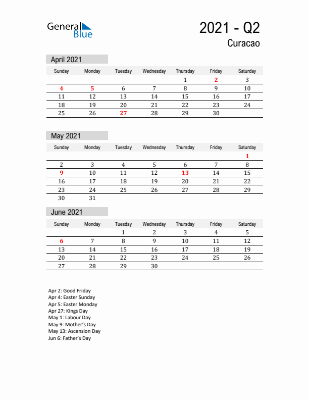 Curacao Quarter 2 2021 Calendar with Holidays