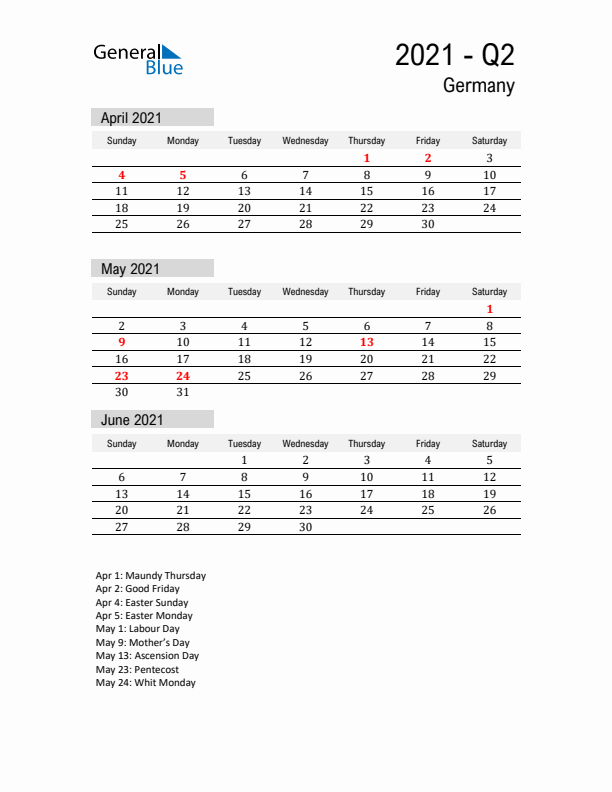 Germany Quarter 2 2021 Calendar with Holidays