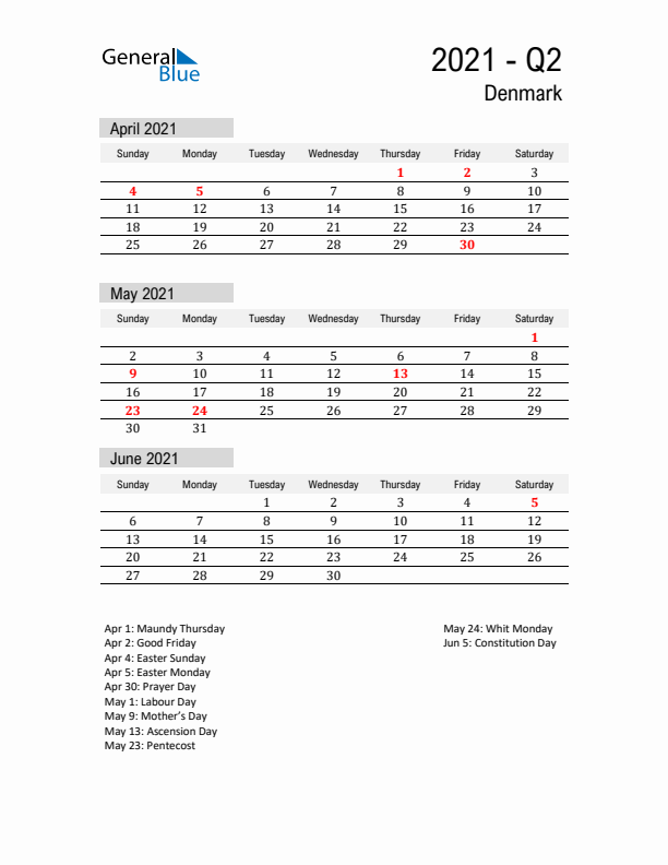 Denmark Quarter 2 2021 Calendar with Holidays