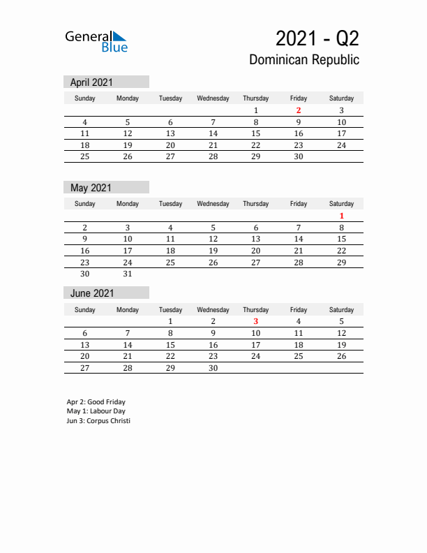 Dominican Republic Quarter 2 2021 Calendar with Holidays