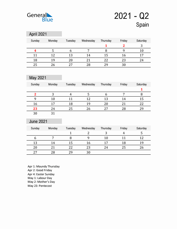 Spain Quarter 2 2021 Calendar with Holidays