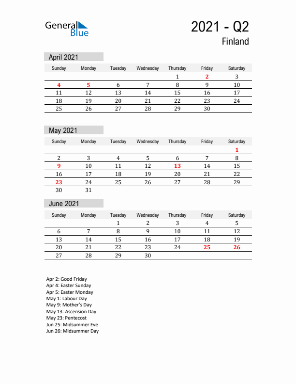 Finland Quarter 2 2021 Calendar with Holidays