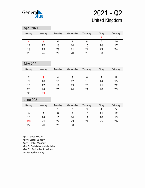 United Kingdom Quarter 2 2021 Calendar with Holidays