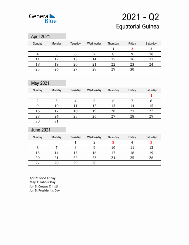 Equatorial Guinea Quarter 2 2021 Calendar with Holidays