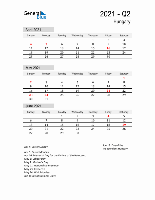 Hungary Quarter 2 2021 Calendar with Holidays