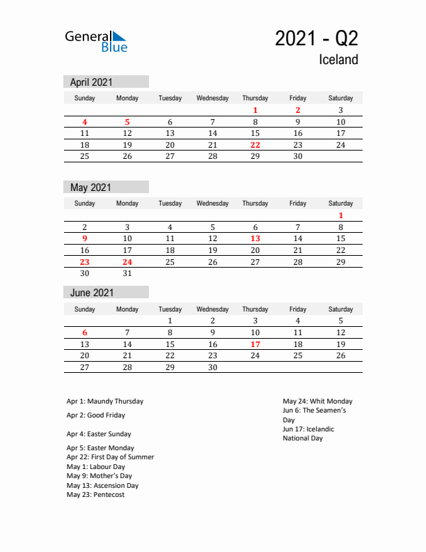 Iceland Quarter 2 2021 Calendar with Holidays