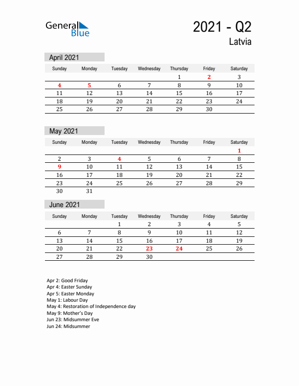 Latvia Quarter 2 2021 Calendar with Holidays