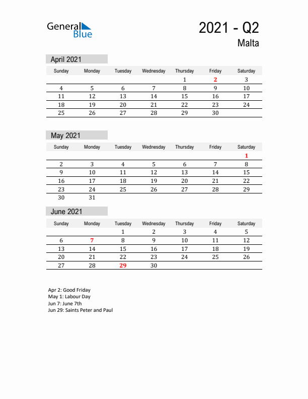 Malta Quarter 2 2021 Calendar with Holidays