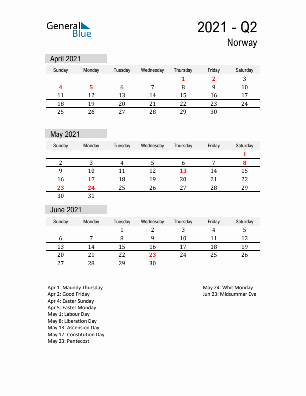 Norway Quarter 2 2021 Calendar with Holidays