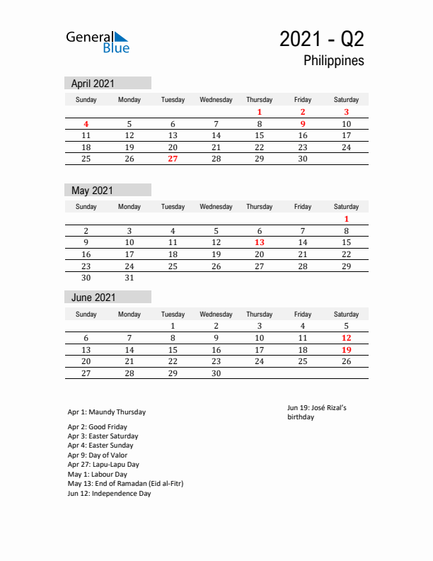 Philippines Quarter 2 2021 Calendar with Holidays