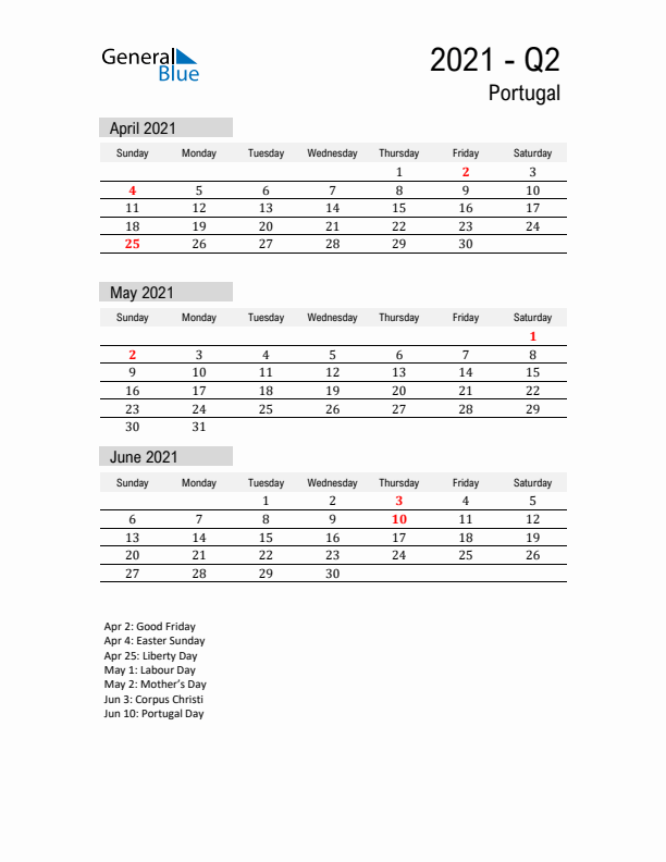 Portugal Quarter 2 2021 Calendar with Holidays