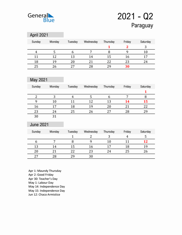 Paraguay Quarter 2 2021 Calendar with Holidays