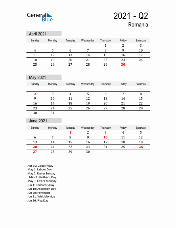 Romania Quarter 2 2021 Calendar with Holidays