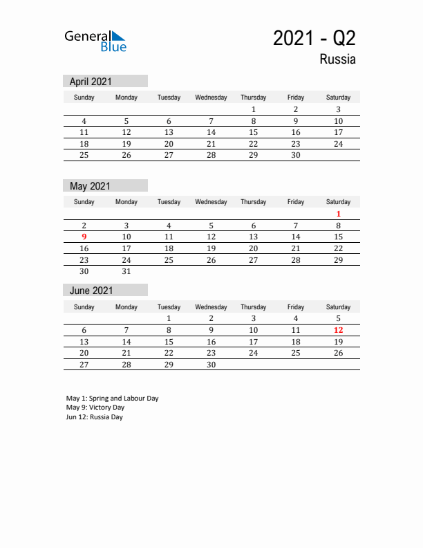 Russia Quarter 2 2021 Calendar with Holidays