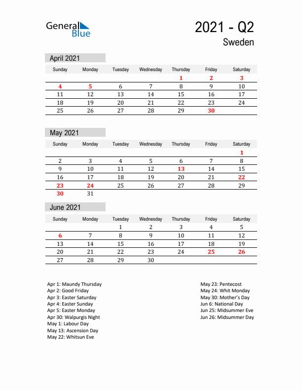 Sweden Quarter 2 2021 Calendar with Holidays