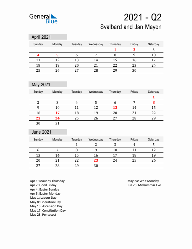 Svalbard and Jan Mayen Quarter 2 2021 Calendar with Holidays