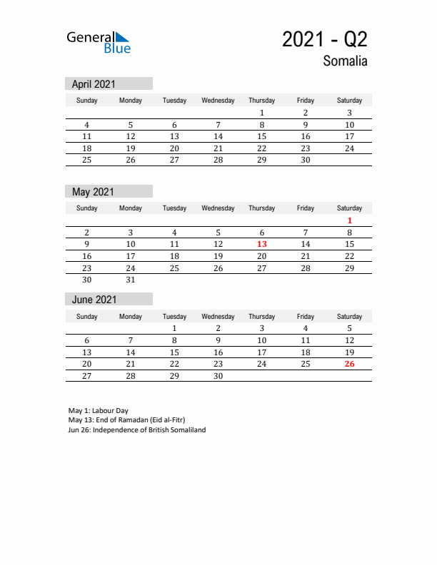 Somalia Quarter 2 2021 Calendar with Holidays