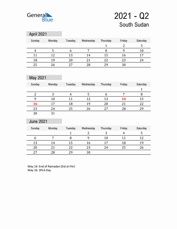 South Sudan Quarter 2 2021 Calendar with Holidays