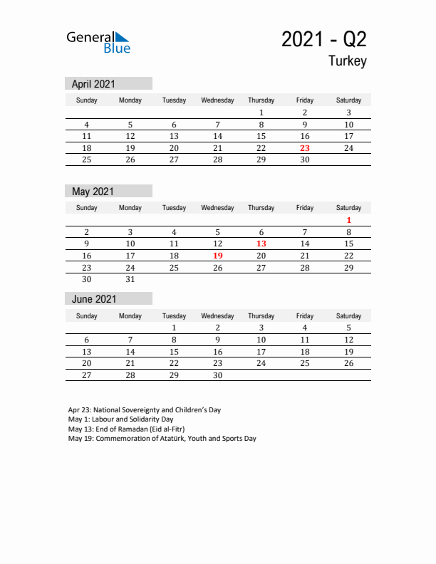 Turkey Quarter 2 2021 Calendar with Holidays