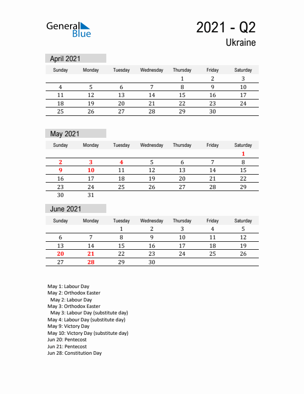 Ukraine Quarter 2 2021 Calendar with Holidays