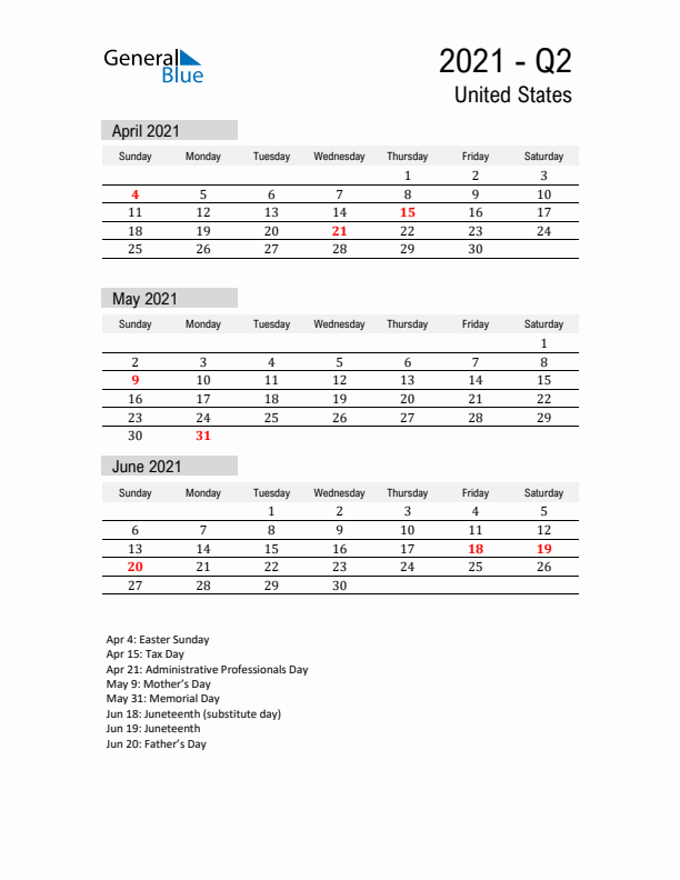 United States Quarter 2 2021 Calendar with Holidays