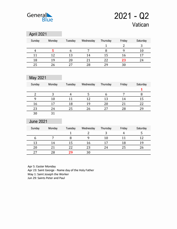 Vatican Quarter 2 2021 Calendar with Holidays