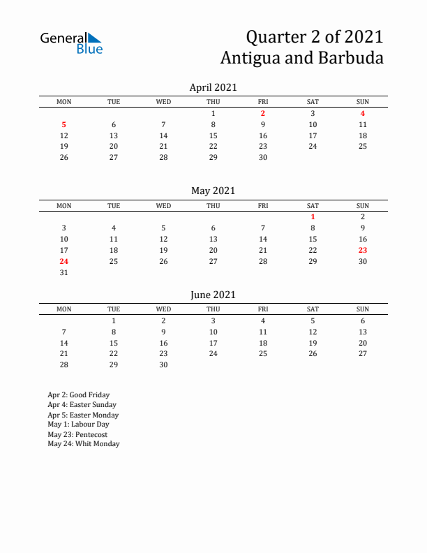 Quarter 2 2021 Antigua and Barbuda Quarterly Calendar