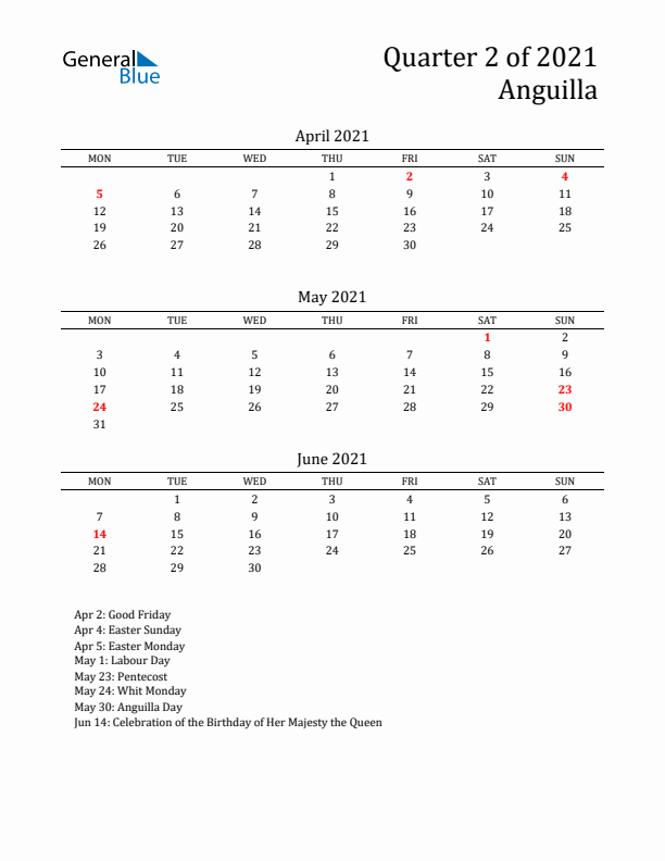 Quarter 2 2021 Anguilla Quarterly Calendar