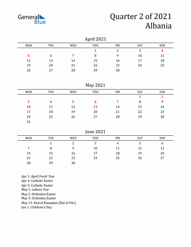 Quarter 2 2021 Albania Quarterly Calendar