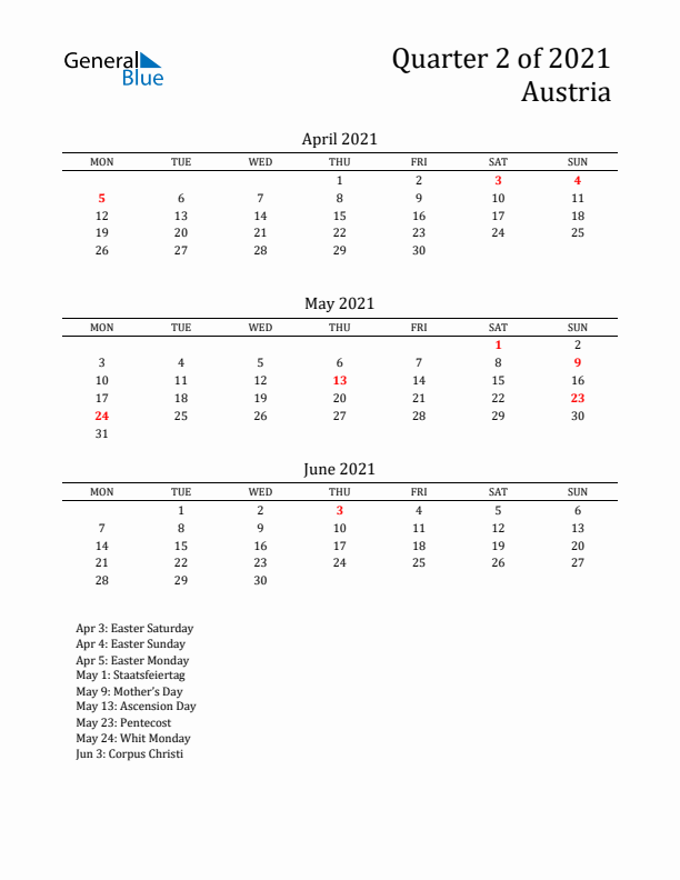 Quarter 2 2021 Austria Quarterly Calendar