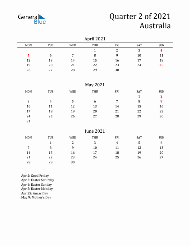 Quarter 2 2021 Australia Quarterly Calendar