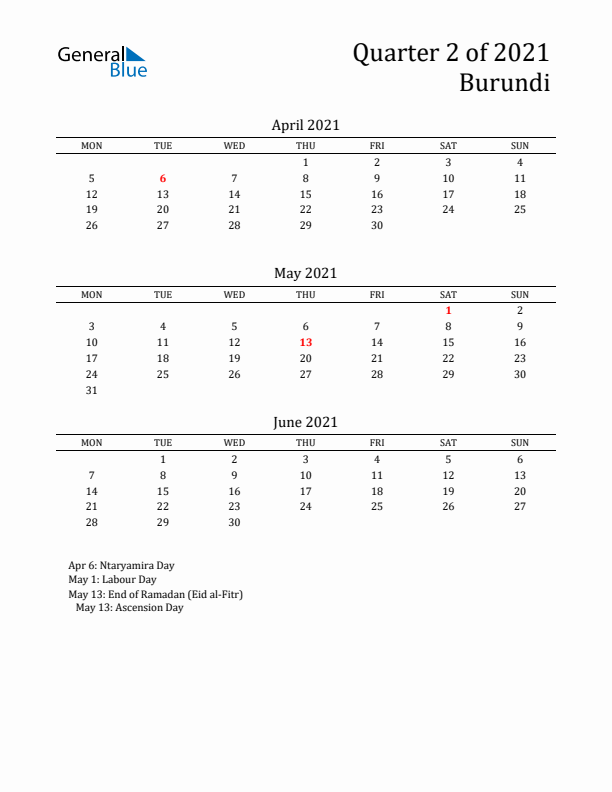 Quarter 2 2021 Burundi Quarterly Calendar