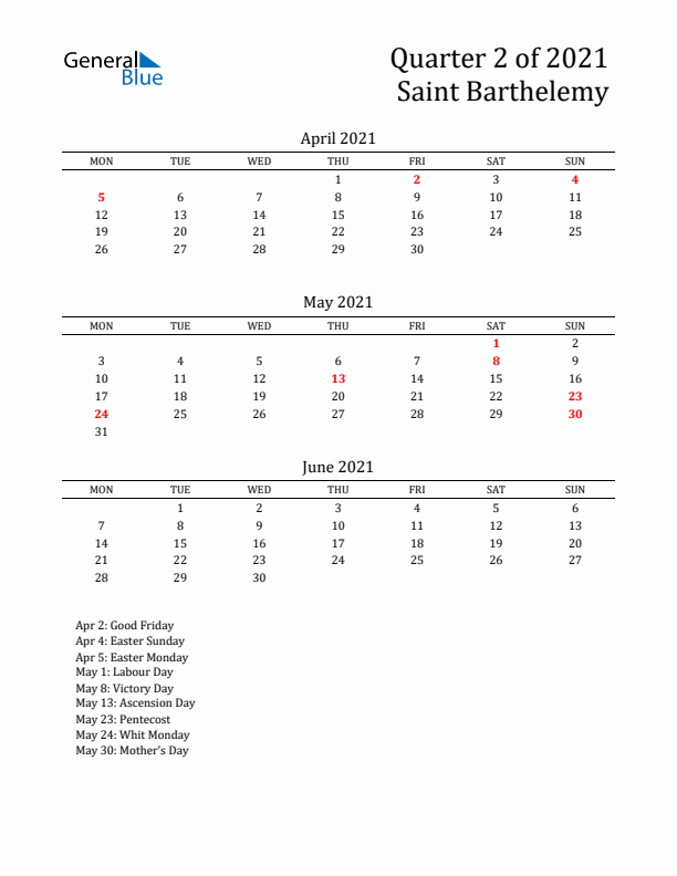 Quarter 2 2021 Saint Barthelemy Quarterly Calendar