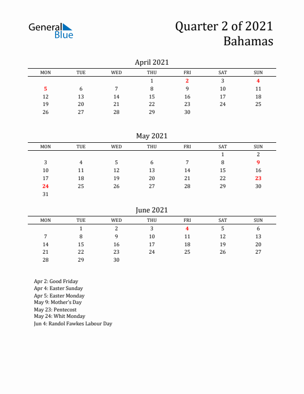 Quarter 2 2021 Bahamas Quarterly Calendar