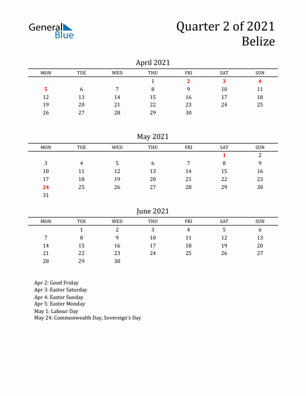 Quarter 2 2021 Belize Quarterly Calendar