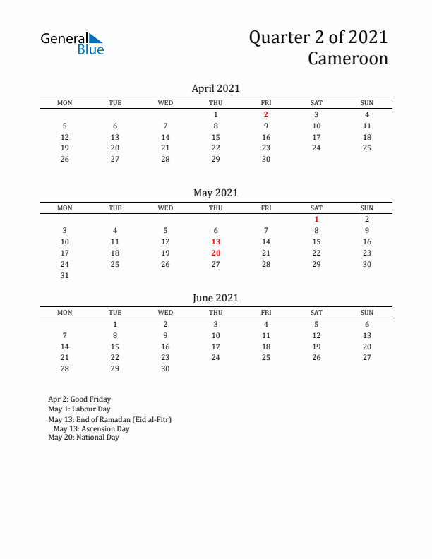 Quarter 2 2021 Cameroon Quarterly Calendar