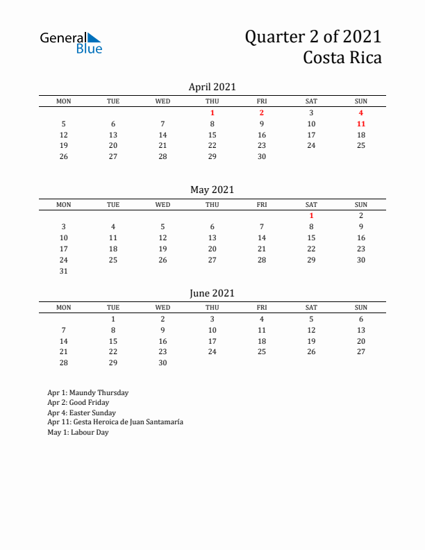 Quarter 2 2021 Costa Rica Quarterly Calendar