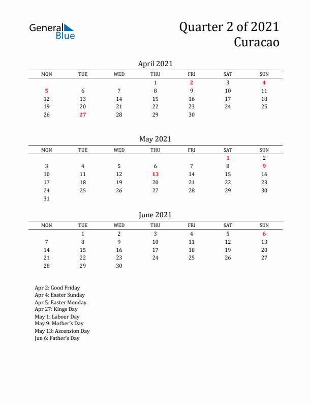 Quarter 2 2021 Curacao Quarterly Calendar