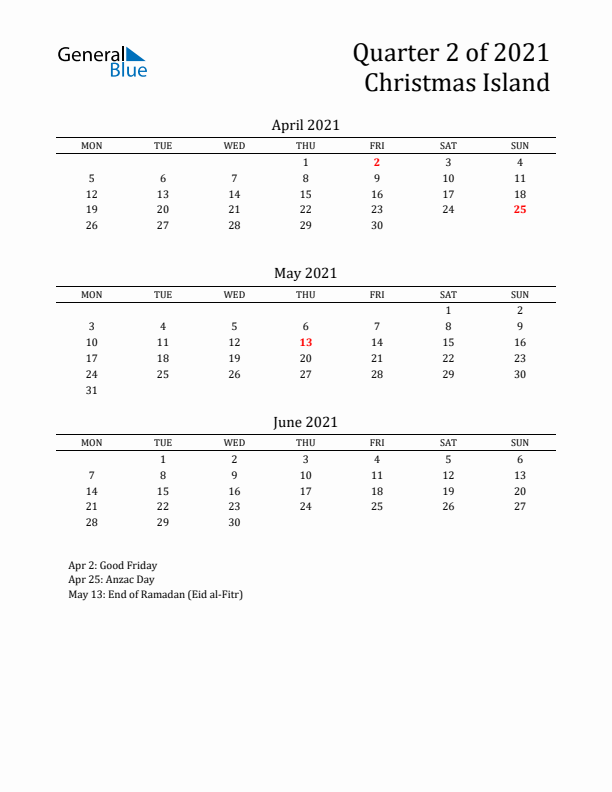 Quarter 2 2021 Christmas Island Quarterly Calendar