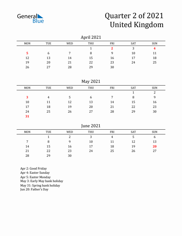 Quarter 2 2021 United Kingdom Quarterly Calendar