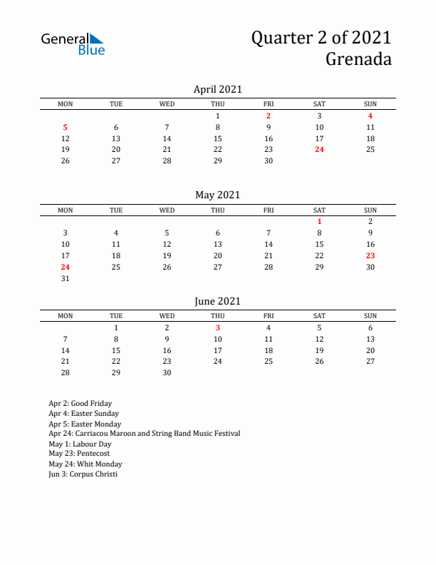 Quarter 2 2021 Grenada Quarterly Calendar