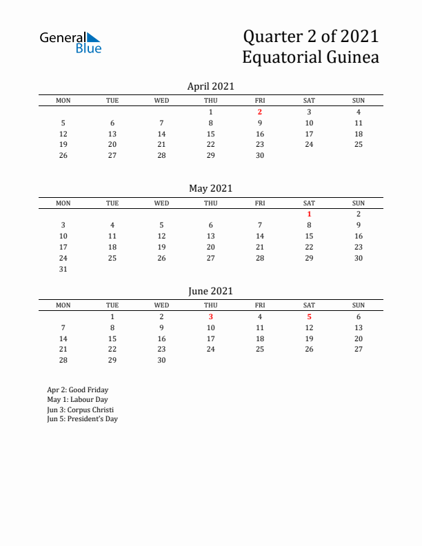 Quarter 2 2021 Equatorial Guinea Quarterly Calendar