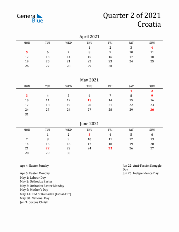 Quarter 2 2021 Croatia Quarterly Calendar