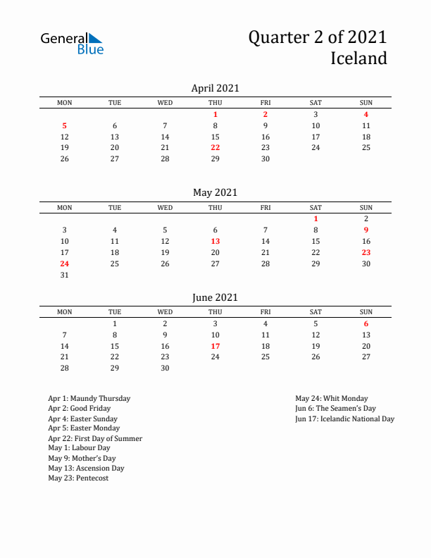 Quarter 2 2021 Iceland Quarterly Calendar