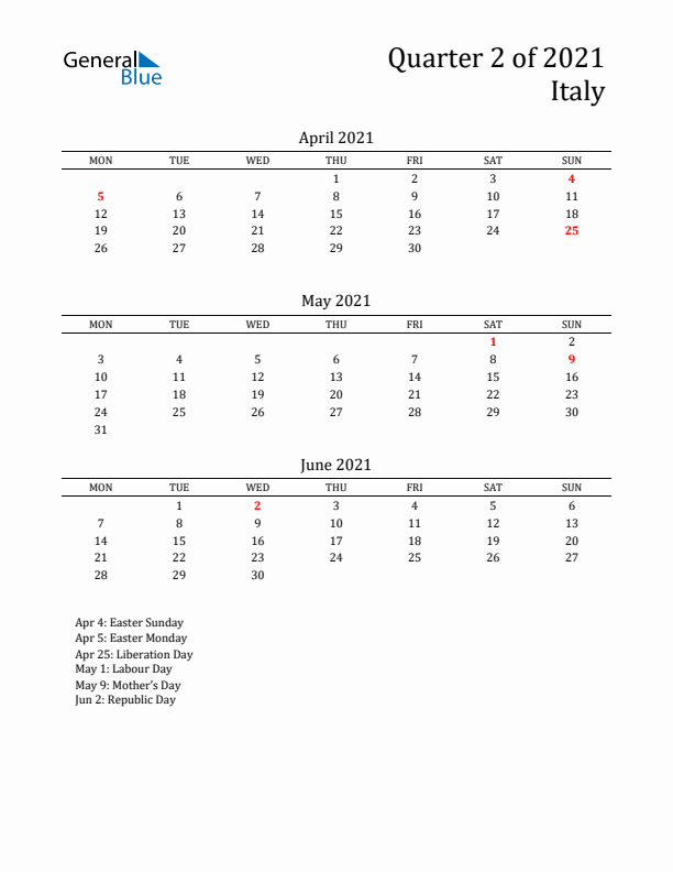 Quarter 2 2021 Italy Quarterly Calendar